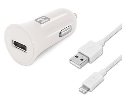 White Car Charger with Lightning Cable
