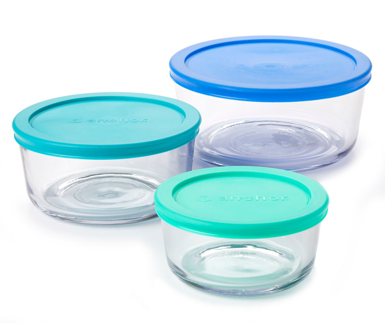 Anchor Hocking - Glass, Food Storage Container, 6pc 2,4,7 cup Storage w/  Blue Lids - 3 per case