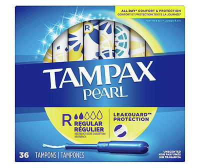 Tampax Pearl Tampons, with LeakGuard Braid, Regular Absorbency, Unscented, 36 Count