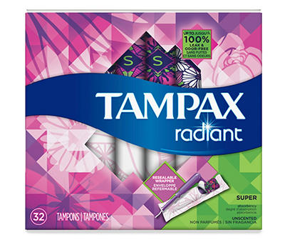 Tampax Radiant Super Plastic Tampons, Unscented, 32 Count