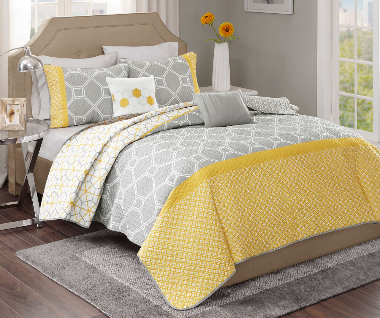 Living Colors Clara Yellow & Gray 5-Piece Queen Quilt Set | Big Lots