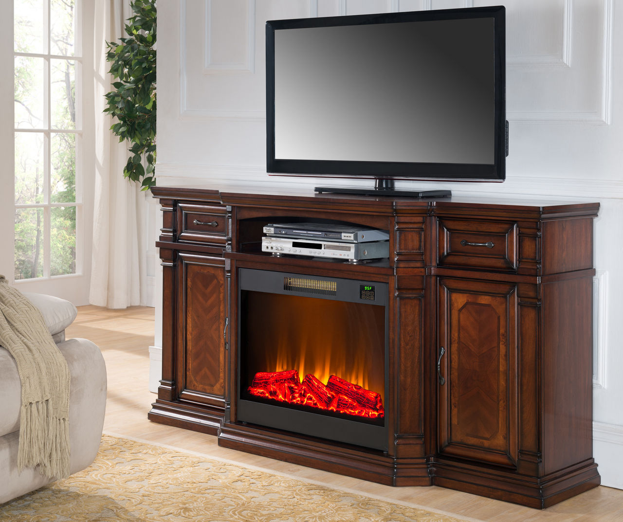 Cherry wood electric fireplace tv deals stand