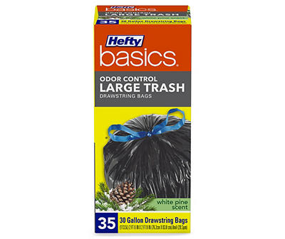 Hefty Basics Odor Control 30 Gallon Large Trash Drawstring Bags 35 ct White Pine Scent Box