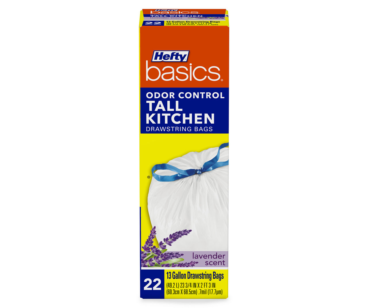 Hefty Basics Odor Control 13 Gallon Tall Kitchen Drawstring Bags 22 ct Lavender Scent Box