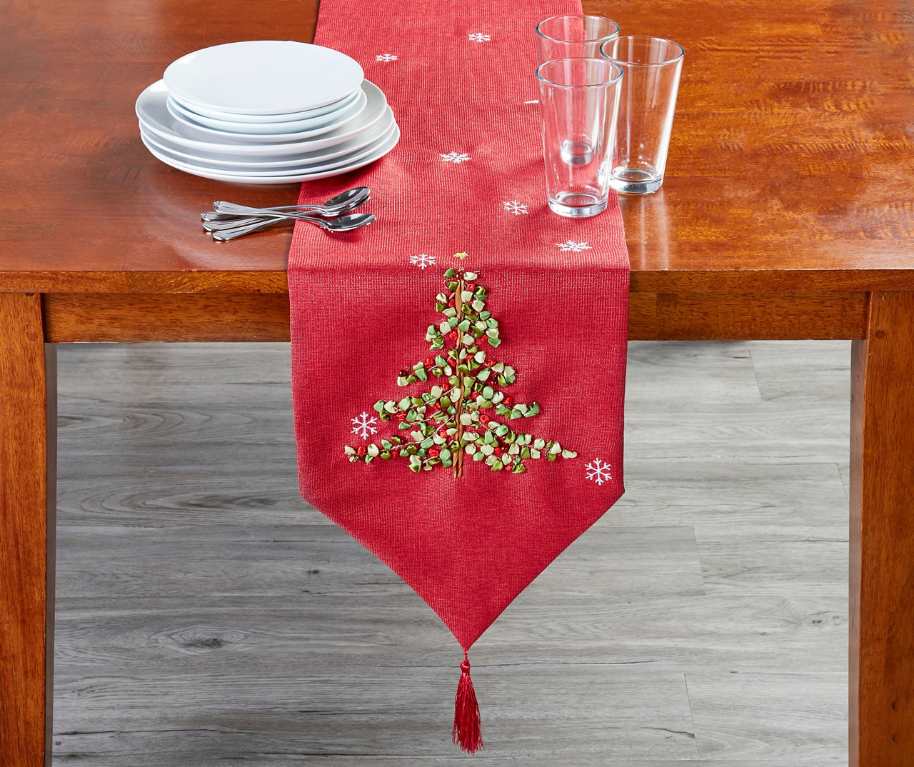 Red Ribbon Tree Christmas Table Runner, (72