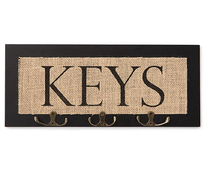 "Keys" 3-Hook Burlap & Metal Plaque