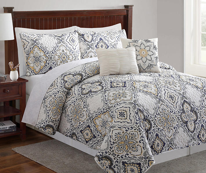 Living Colors Arya Gray, Yellow & Blue 5-Piece Quilt Sets