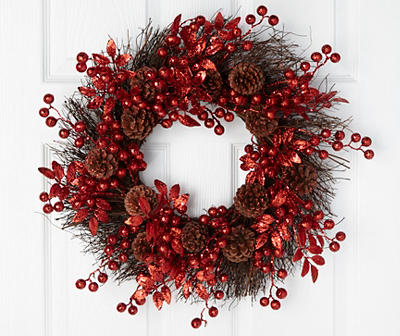 Red Berries & Pinecones Glitter Wreath, (20")
