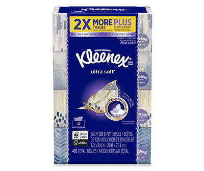Kleenex Ultra Soft Facial Tissues, Flat Box, 120 Tissues per Flat Box, 4 Packs