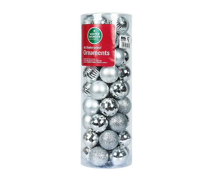 Mini Silver 45-Count Shatterproof Ornament Set