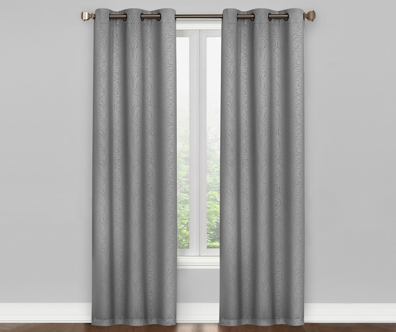 Gray Scroll Grommet Blackout Curtain Panel Pair, (63")