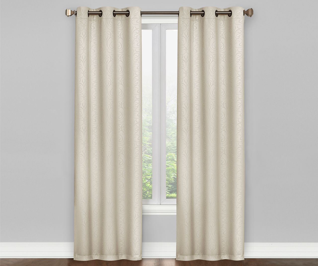 Beige Scroll Grommet Blackout Curtain Panel Pair, (63")