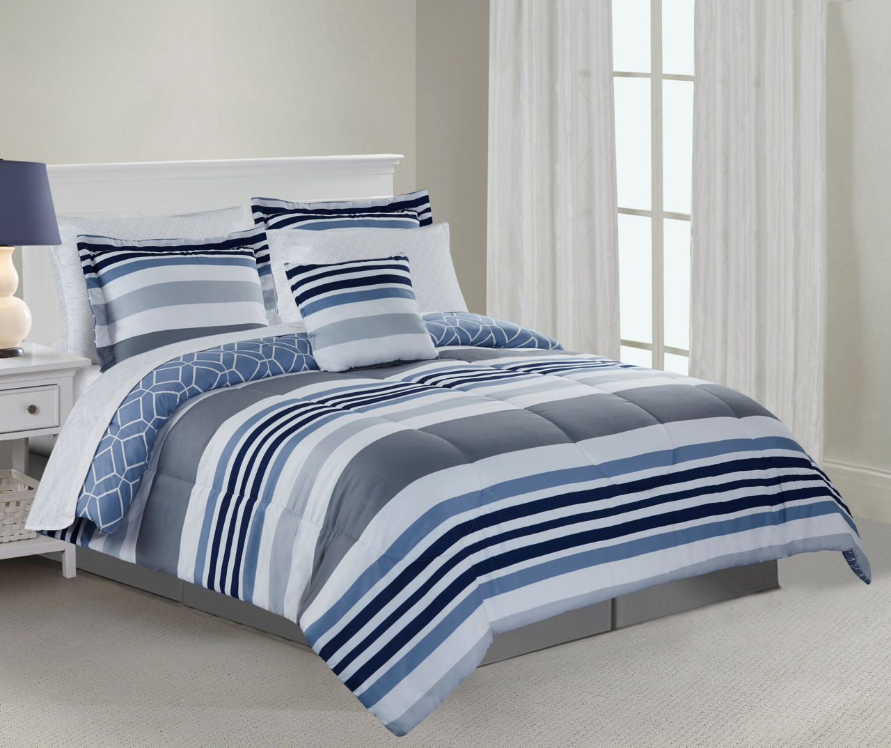 Just Home Jaymes Navy Denim Stripe Full 8-Piece Comforter Set | Big Lots
