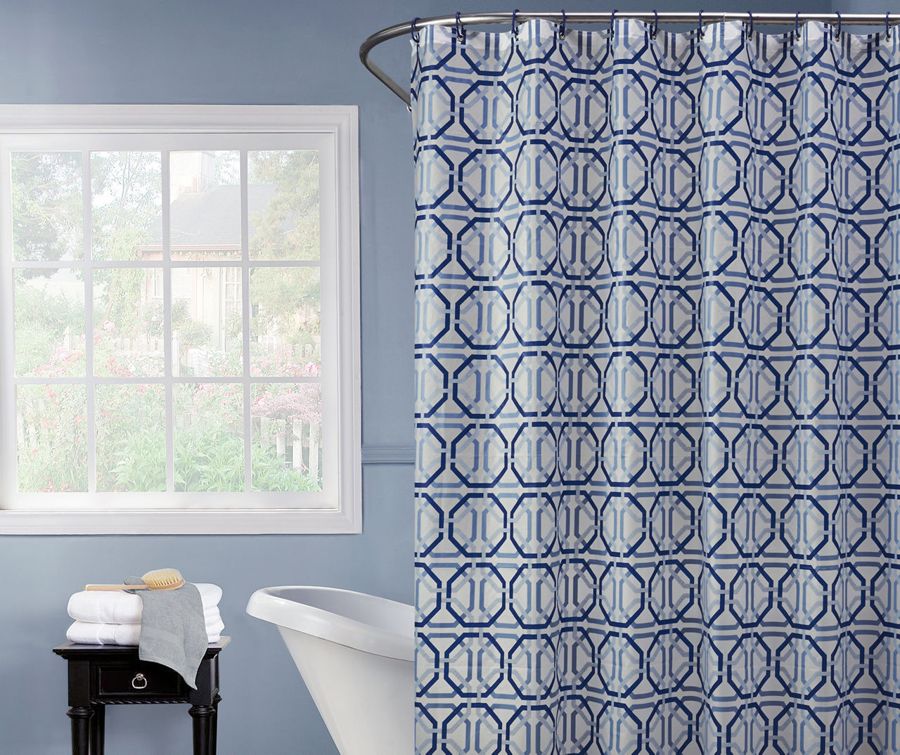 Just Home Thomas Blue & White Geometric Shower Curtain & Hooks Set