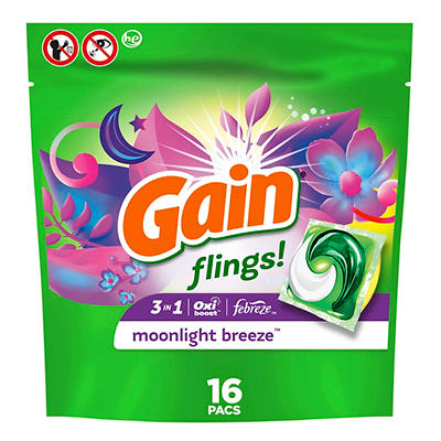 Gain flings Laundry Detergent Soap Pacs, HE Compatible, 16 ct, Long Lasting Scent, Moonlight Breeze