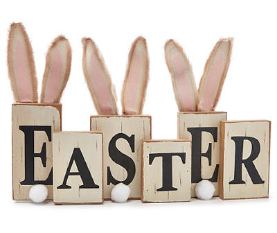 "Easter" Bunny Ear Wood Block Tabletop Decor