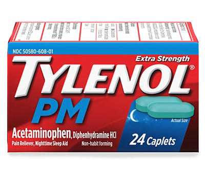Tylenol PM Extra Strength Nighttime Pain Reliever & Sleep Aid Caplets, 500 mg Acetaminophen & 25 mg Diphenhydramine HCl, Relief for Nighttime Aches & Pains, Non-Habit Forming, 24 ct