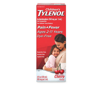 Children's Tylenol Liquid Oral Suspension Pain Reliever & Fever Reducer with Acetaminophen, Aspirin-, Ibuprofen-, High Fructose Corn Syrup- & Dye-Free, Cherry, 4 Fl. Oz