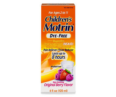 Children's Motrin Oral Suspension 100mg Ibuprofen Medicine, NSAID Fever Reducer & Pain Reliever for Minor Aches & Pains Due to Cold & Flu, Dye Free, Alcohol-Free, Berry Flavored, 4 fl. oz
