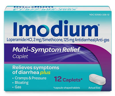 Imodium Multi-Symptom Relief Caplets with Loperamide Hydrochloride and Simethicone, Anti-Diarrheal Medicine for Treatment of Diarrhea, Gas, Bloating, Cramps & Pressure, 12 ct.