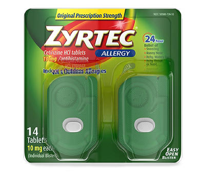 Zyrtec 24 Hour Allergy Relief Tablets, Indoor & Outdoor Allergy Medicine with 10 mg Cetirizine HCl per Antihistamine Tablet, On-the-Go Relief, Individual Travel Pouches, 14 ct, (14 x 1 ct)
