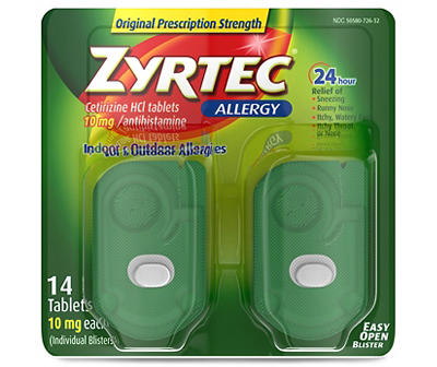 Zyrtec 24 Hour Allergy Relief Tablets, Indoor & Outdoor Allergy Medicine with 10 mg Cetirizine HCl per Antihistamine Tablet, On-the-Go Relief, Individual Travel Pouches, 14 ct, (14 x 1 ct)