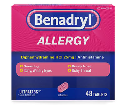 Benadryl Ultratabs Antihistamine Allergy Relief Medicine, 25 mg Diphenhydramine HCl Tablets For Relief of Cold & Allergy Symptoms Such as Sneezing, Runny Nose, & Itchy Eyes & Throat, 48 ct