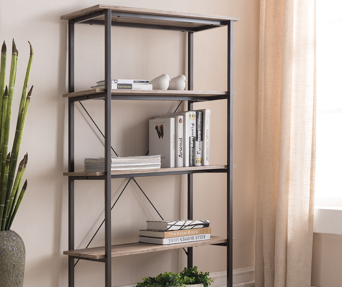 allen + roth Distressed Brown Metal 5-Shelf Bookcase (31.5-in W x 60-in H x  17.75-in D) in the Bookcases department at