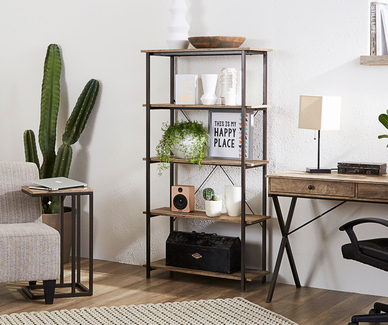 allen + roth Distressed Brown Metal 5-Shelf Bookcase (31.5-in W x 60-in H x  17.75-in D) in the Bookcases department at