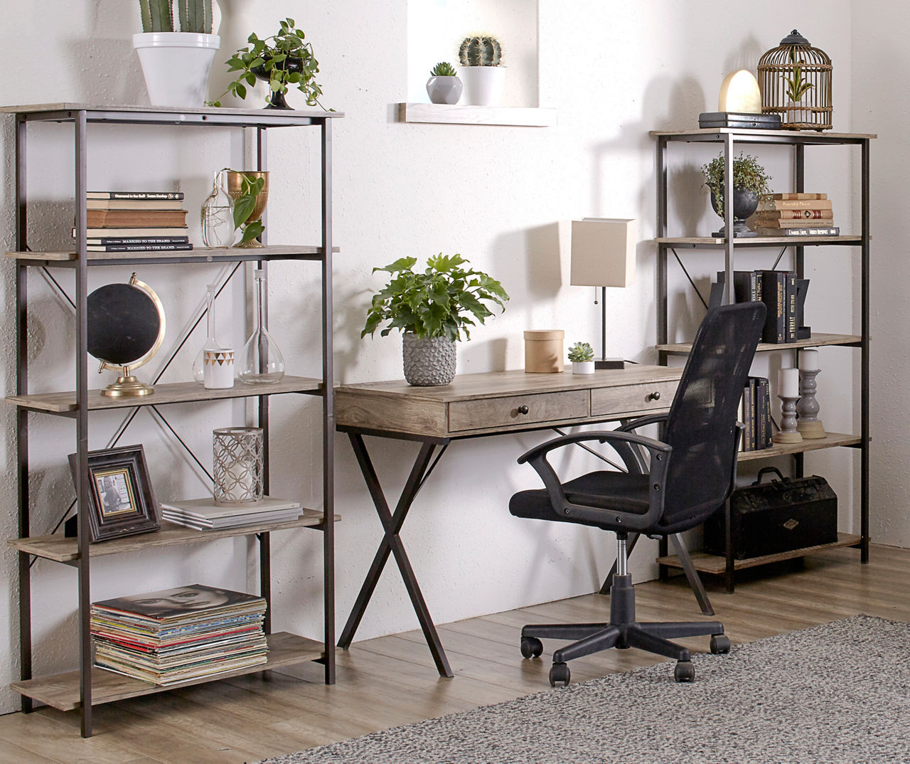 allen + roth Distressed Brown Metal 5-Shelf Bookcase (31.5-in W x 60-in H x  17.75-in D) in the Bookcases department at