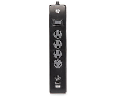 Black 4-Outlet Indoor USB Charging Surge Protector