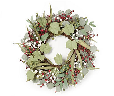 Red & White Berry Green Leaf Wreath, (24")