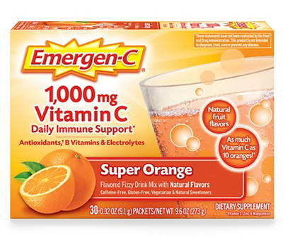 Emergen-C Vitamin C 1000mg Powder (30 Count, Super Orange Flavor, 1 Month Supply), With Antioxidants, B Vitamins and Electrolytes, Dietary Supplement Fizzy Drink Mix, Caffeine Free