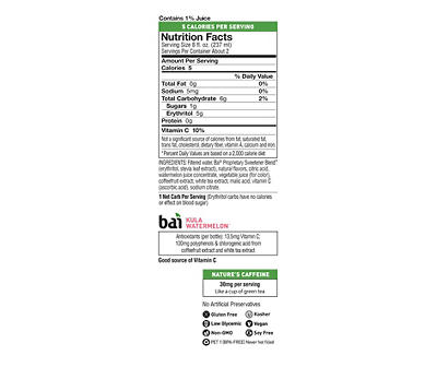 Bai Kula Watermelon, Antioxidant Infused Beverage, 18 Fl Oz Bottle