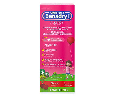 Children's Benadryl Allergy Relief Liquid Medicine with Diphenhydramine HCl, Kids' Allergy Syrup for Allergy Symptoms Like Runny Nose, Itchy Eyes & More, Cherry Flavor, 4 fl. oz