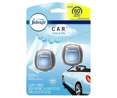 Febreze Car Odor-Eliminating Car Freshener Vent Clip Linen & Sky, .06 oz. Car Vent Clip, Pack of 2