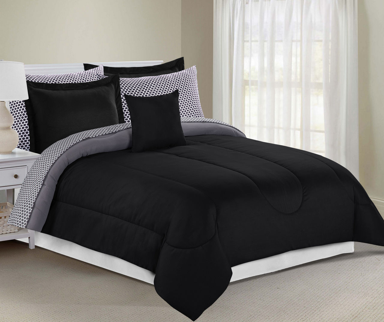 Solid Black Gray Queen 8 Piece Comforter Set
