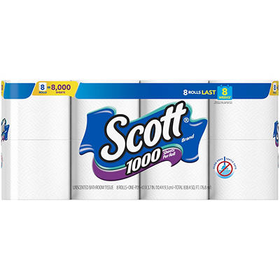 Scott 1000 Sheets Per Roll Toilet Paper, 8 Rolls, Bath Tissue