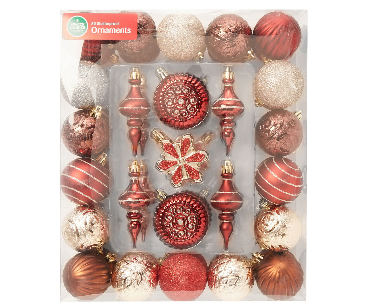 Winter Wonder Lane Red, Bronze & Gold 50-Piece Shatterproof Ornament ...