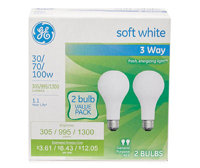 3-Way Soft White A21 Light Bulbs, 2-Pack