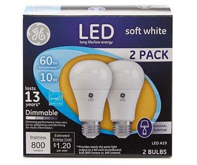 60-Watt Equivalent Soft White A19 LED Light Bulb, 2-Pack