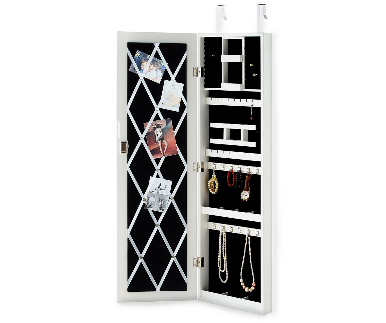 White Over-The-Door Mirror Jewelry Organizer