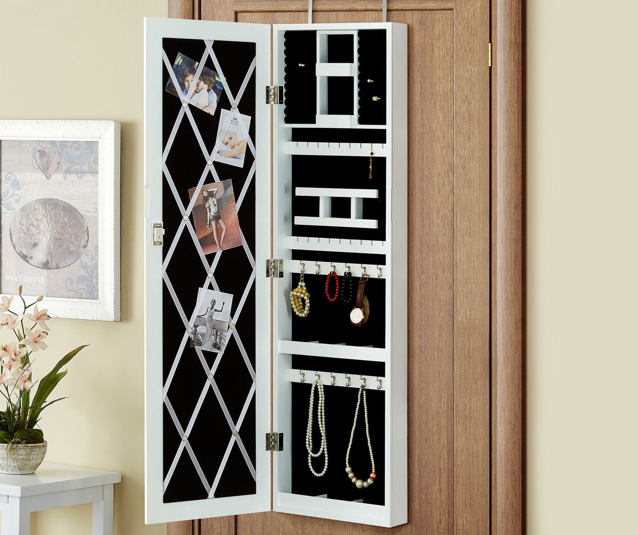 White Over-The-Door Mirror Jewelry Organizer