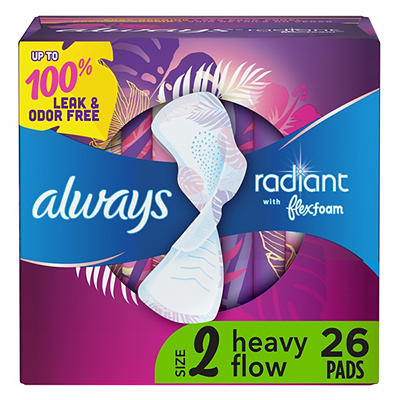 Always Radiant Feminine Pads for Women, Size 2 Heavy, with Wings, Scented, 26 CT