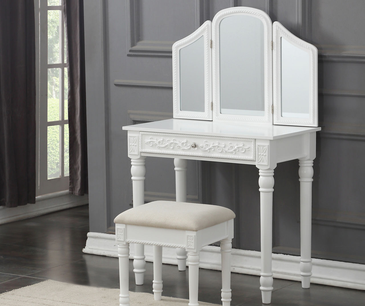 White Vanity Set with Trifold Mirror Big Lots