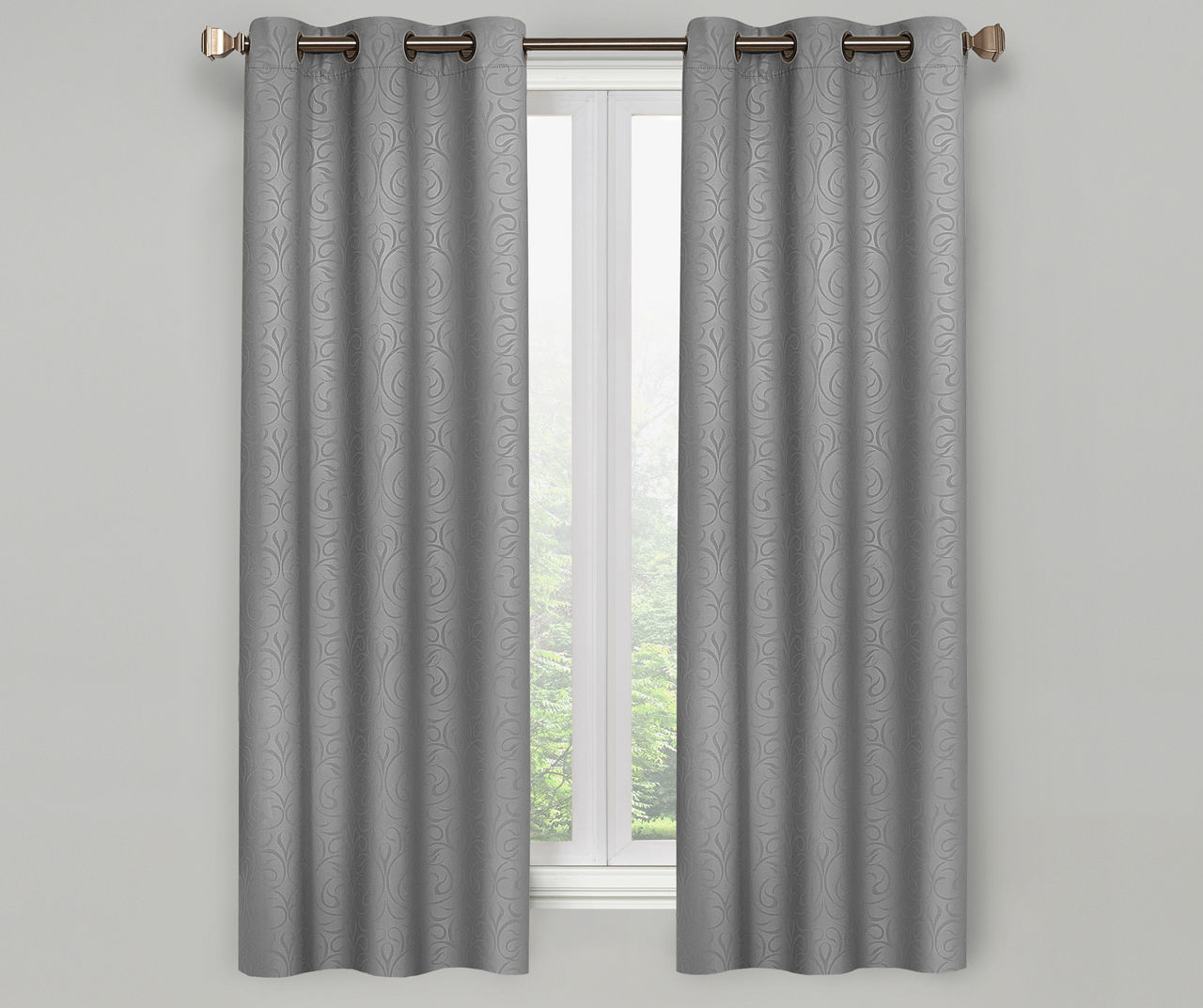 Pearl Gray Scroll Grommet Blackout Curtain Panel Pair, (63")