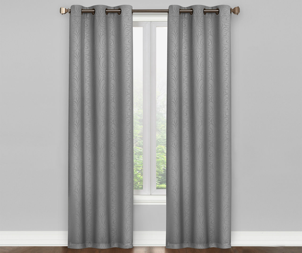 Pearl Gray Scroll Grommet Blackout Curtain Panel Pair, (84")