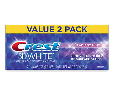 Crest 3D White Whitening Toothpaste, Radiant Mint, 4.8 oz, Pack of 2