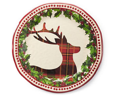 Classic Plaid Reindeer Green Rim Round Melamine Serving Platter