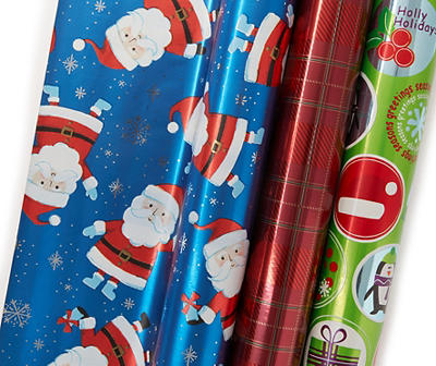 Cartoon Snowman, Penguin, Santa, Plaid & Script Foil Mega Wrapping Paper Roll, (90 sq. ft.)